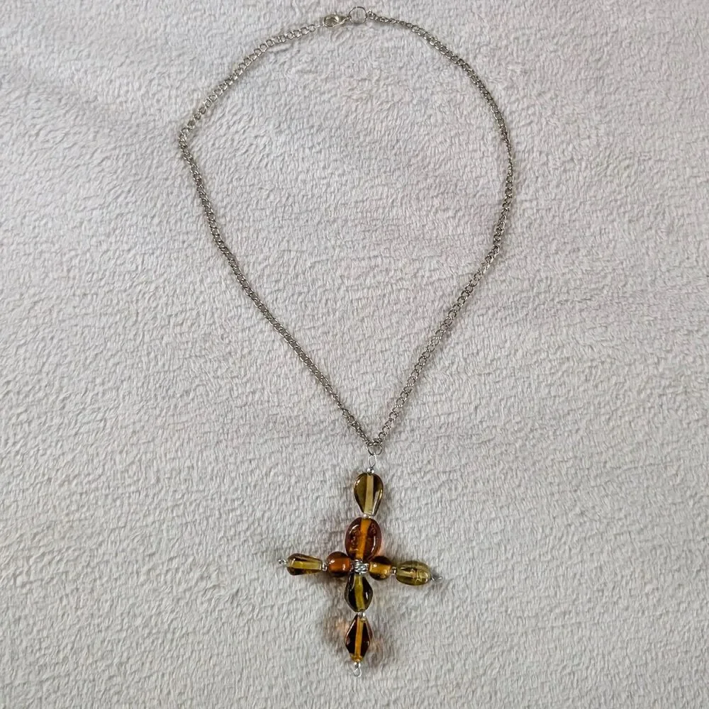 Glass Beaded Cross Pendant Chain Necklace Silver Brown Short